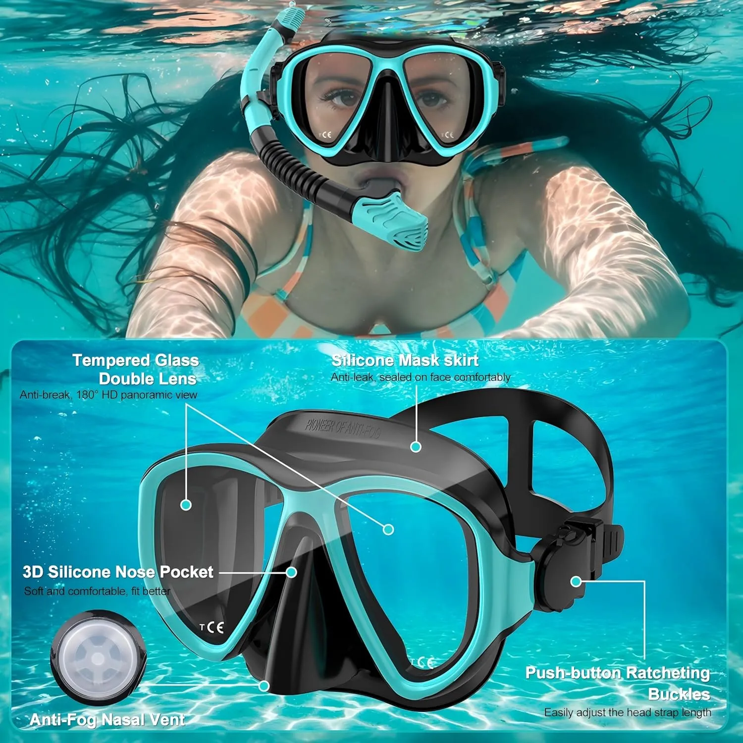 Snorkeling Gear for Adults,3 in 1 Snorkel Set with Panoramic View Diving Mask Anti-Fog Anti-Leak,Dry Top Snorkel,Fins and Travel Bag for Swimming,Snorkeling and Travel Diving