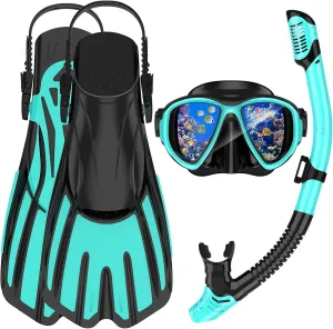 Snorkeling Gear for Adults,3 in 1 Snorkel Set with Panoramic View Diving Mask Anti-Fog Anti-Leak,Dry Top Snorkel,Fins and Travel Bag for Swimming,Snorkeling and Travel Diving