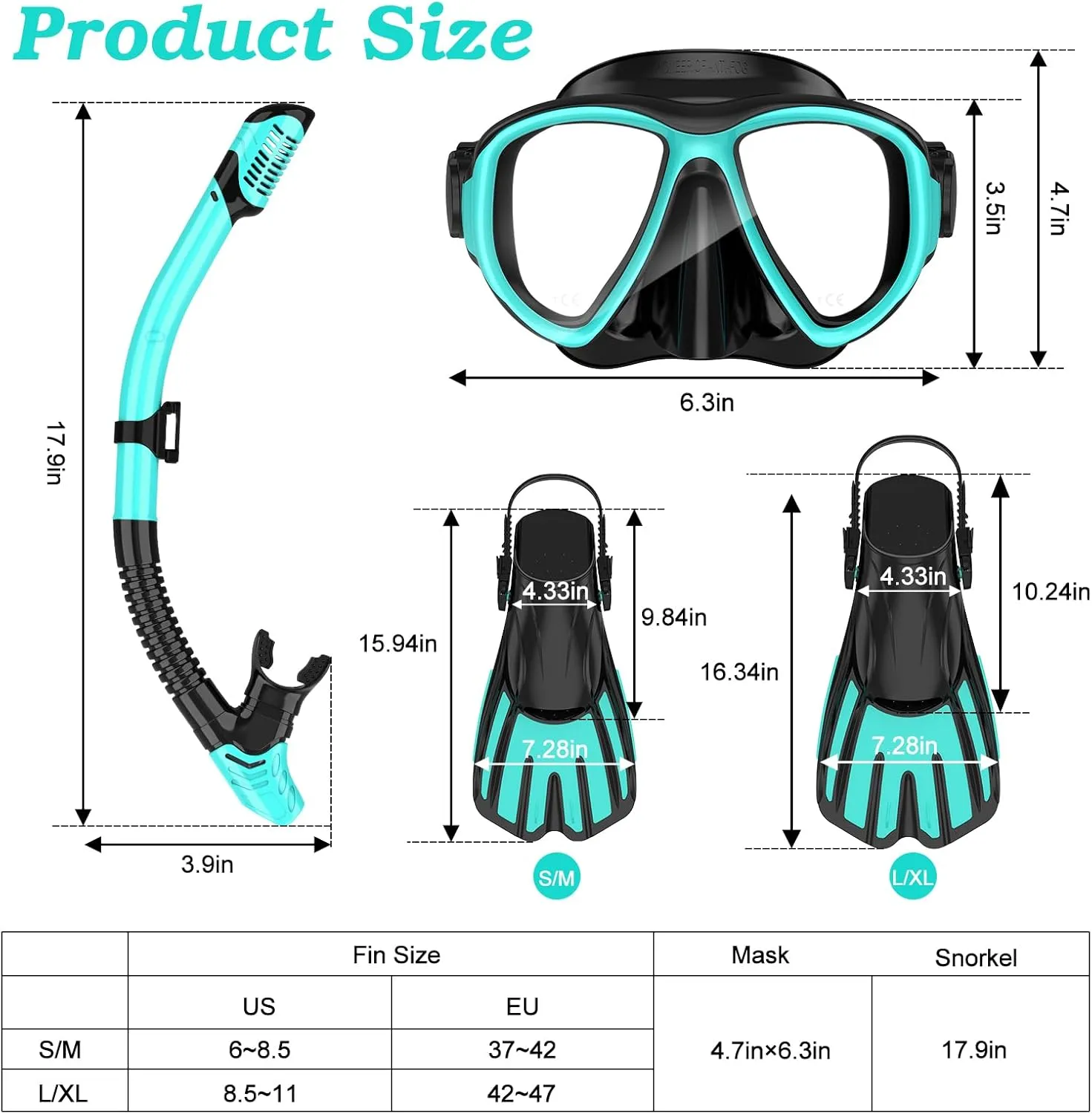 Snorkeling Gear for Adults,3 in 1 Snorkel Set with Panoramic View Diving Mask Anti-Fog Anti-Leak,Dry Top Snorkel,Fins and Travel Bag for Swimming,Snorkeling and Travel Diving
