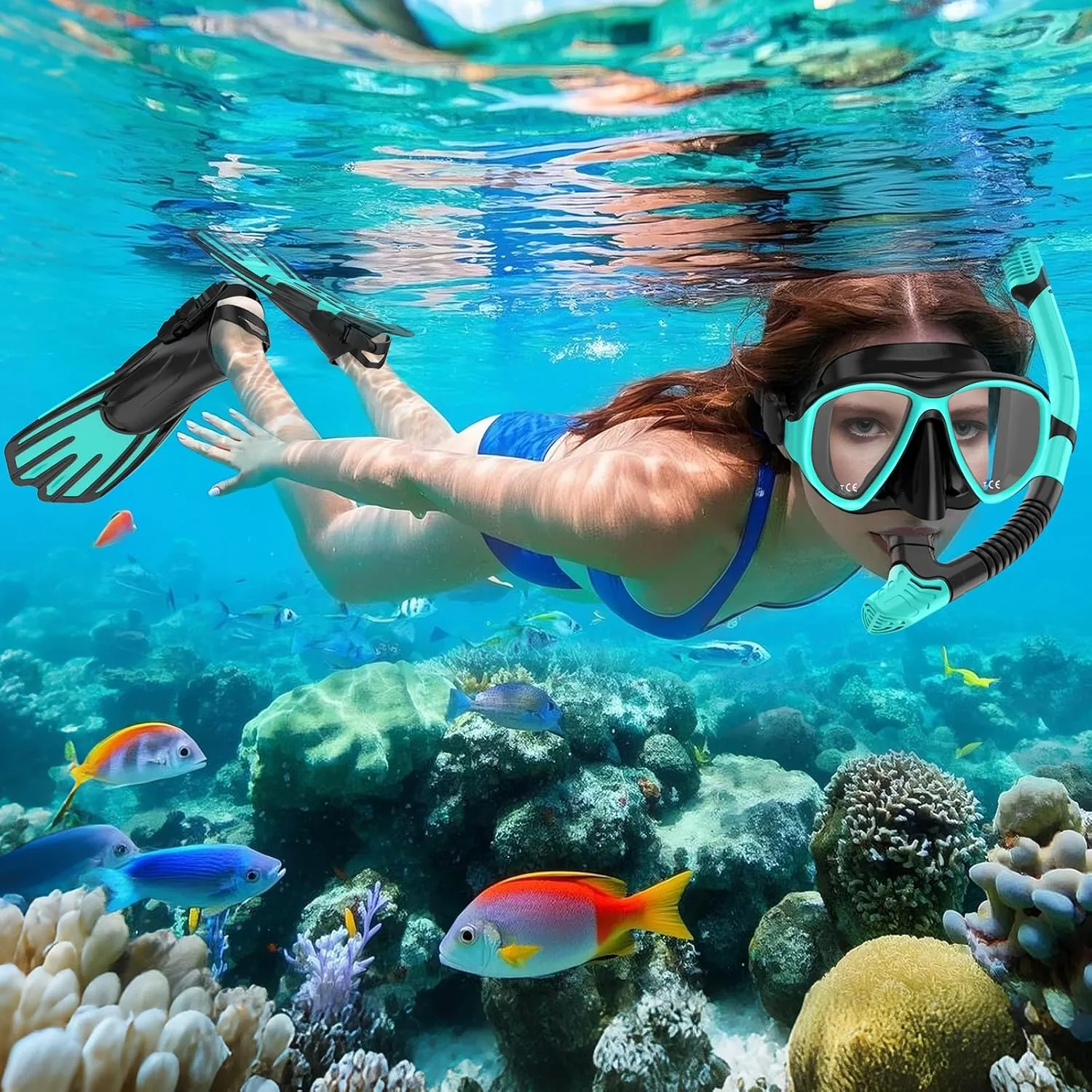 Snorkeling Gear for Adults,3 in 1 Snorkel Set with Panoramic View Diving Mask Anti-Fog Anti-Leak,Dry Top Snorkel,Fins and Travel Bag for Swimming,Snorkeling and Travel Diving