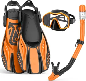 Snorkeling Gear for Adults,Mask Fins Snorkel Set,Panoramic View Diving Mask Anti-Fog,Dry Snorkel,Adjustable Swim Flippers and Travel Bag,Adults Snorkel Gear for Swimming Snorkeling Diving