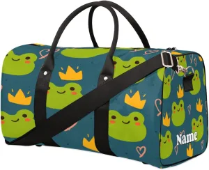 Sports Gym Duffel Bag Customized Name for Women & Men, Cute Frog Waterproof Tote Beach Bag Foldable Personal Item Travel Bag for Weekender Overnight Dance Carry-On Bag