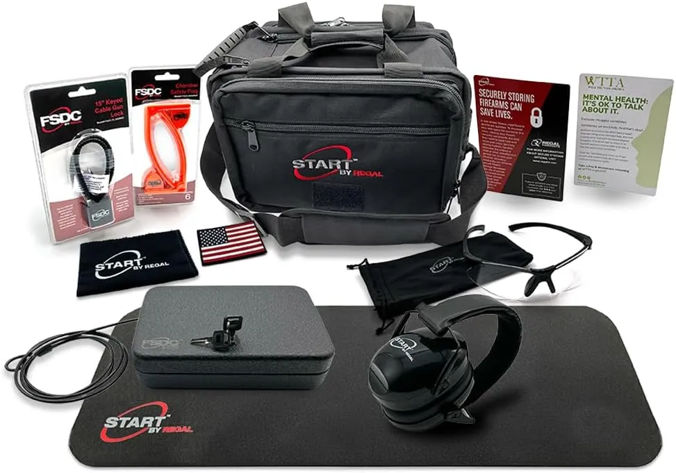 START by Regal New Gun Owner Kit Enhanced – New Shooter Range Bag Package With Safety & Accessory Items– Metal Gun Case, Cable Gun Lock, Chamber Flags, Eye & Ear Protection, Cleaning Mat & Cloth, More