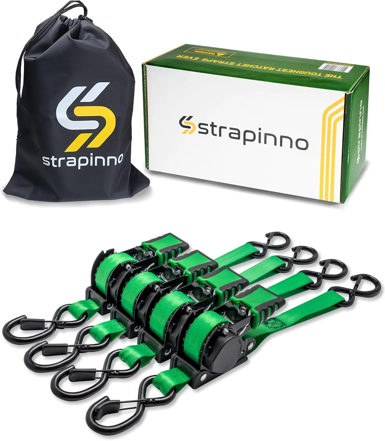 Strapinno Retractable Ratchet Straps 1 in x 10 ft, Secure Tie-Downs with Rubber-Coated Steel Handles, for Motorcycle, Jetski, Kayak, Breaking Strength 1,500LBS/680KG (Green Strap, Black Coated)