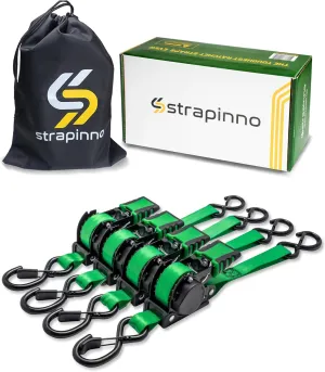 Strapinno Retractable Ratchet Straps 1 in x 10 ft, Secure Tie-Downs with Rubber-Coated Steel Handles, for Motorcycle, Jetski, Kayak, Breaking Strength 1,500LBS/680KG (Green Strap, Black Coated)