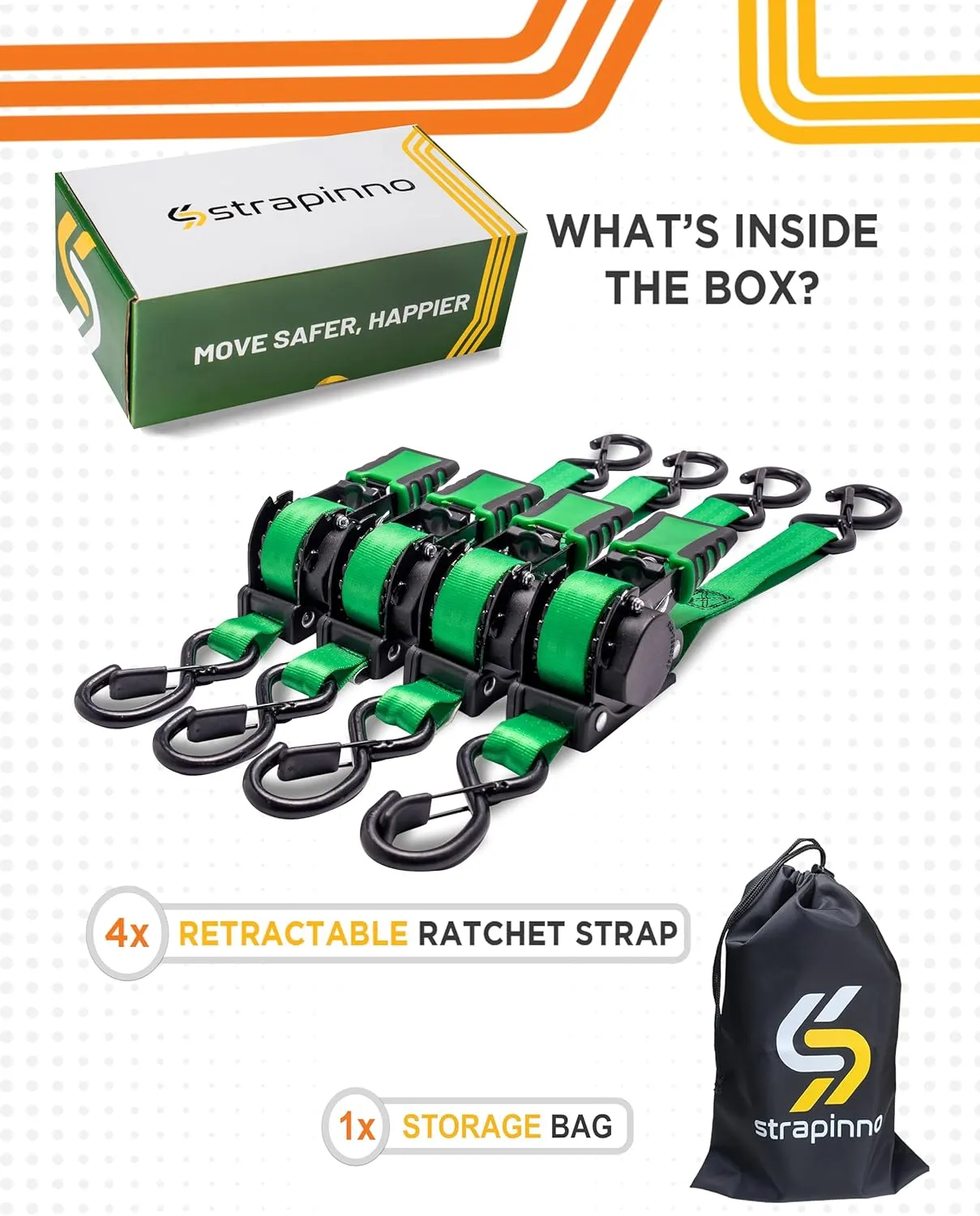 Strapinno Retractable Ratchet Straps 1 in x 10 ft, Secure Tie-Downs with Rubber-Coated Steel Handles, for Motorcycle, Jetski, Kayak, Breaking Strength 1,500LBS/680KG (Green Strap, Black Coated)
