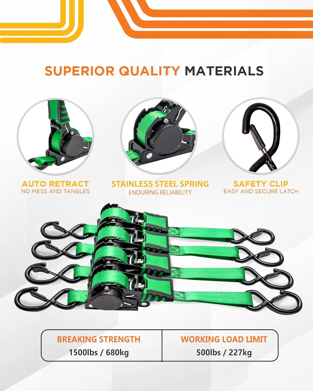Strapinno Retractable Ratchet Straps 1 in x 10 ft, Secure Tie-Downs with Rubber-Coated Steel Handles, for Motorcycle, Jetski, Kayak, Breaking Strength 1,500LBS/680KG (Green Strap, Black Coated)