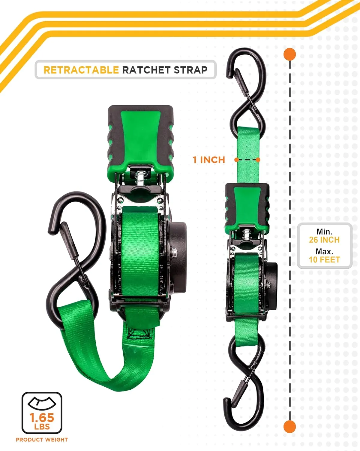 Strapinno Retractable Ratchet Straps 1 in x 10 ft, Secure Tie-Downs with Rubber-Coated Steel Handles, for Motorcycle, Jetski, Kayak, Breaking Strength 1,500LBS/680KG (Green Strap, Black Coated)
