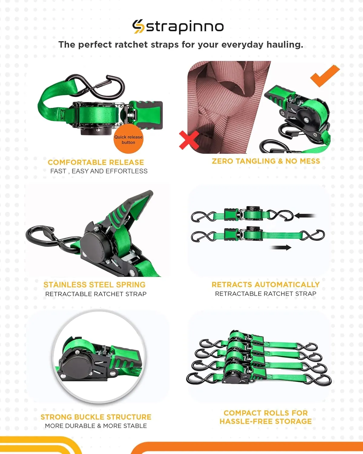 Strapinno Retractable Ratchet Straps 1 in x 10 ft, Secure Tie-Downs with Rubber-Coated Steel Handles, for Motorcycle, Jetski, Kayak, Breaking Strength 1,500LBS/680KG (Green Strap, Black Coated)