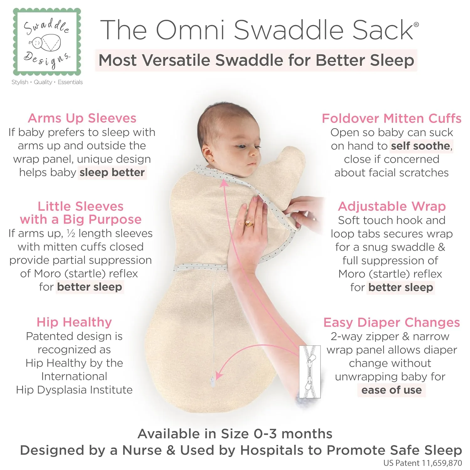 SwaddleDesigns 6-Way Omni Swaddle Sack Arms Up Swaddle for Newborn, More Options to Calm Startle Reflex, Improves Sleep, Easy Transition Baby Sleep Sack, Small, 0-3 Month, Heathered Oatmeal