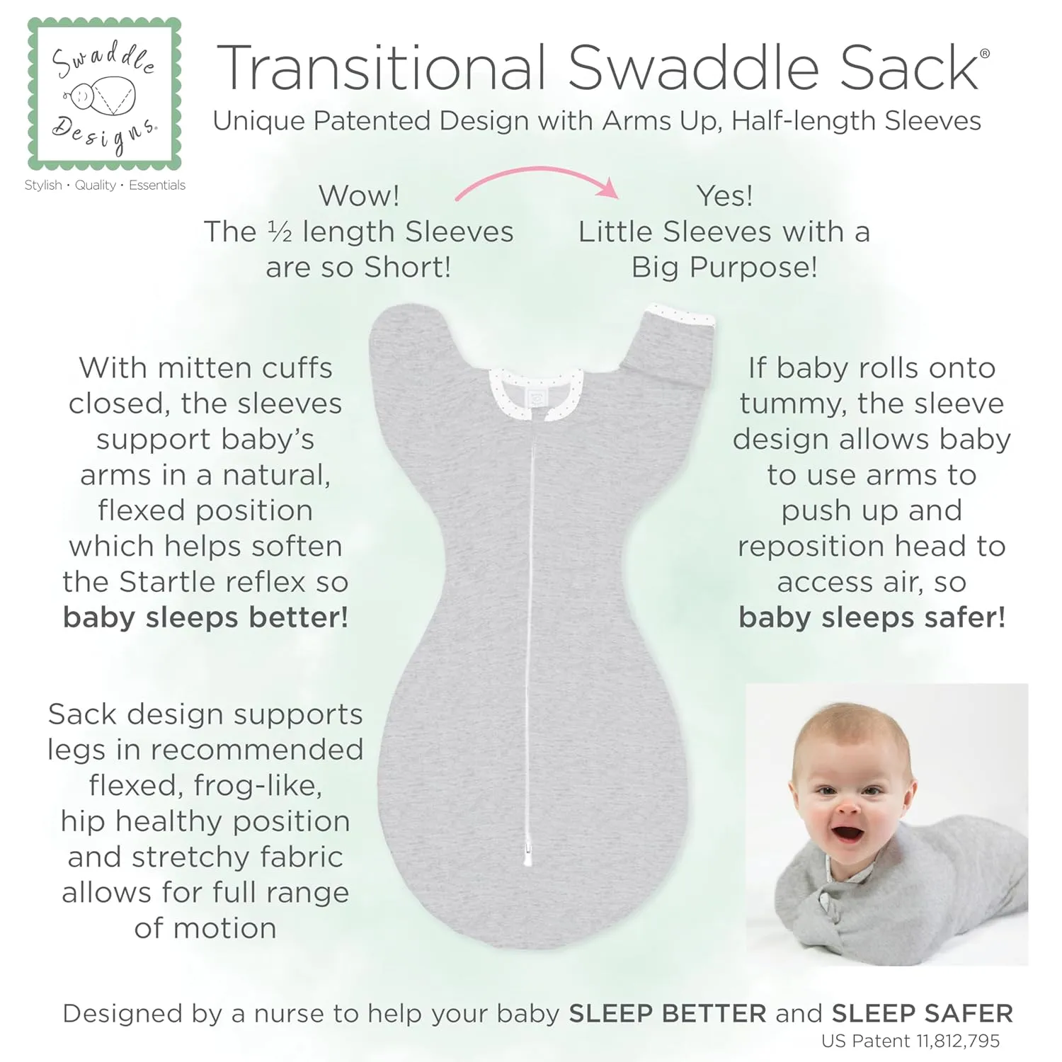 SwaddleDesigns Transitional Swaddle Sack, Arms Up Half-Length Sleeves & Mitten Cuffs, Swaddle for Newborn Transition to Baby Sleep Sack Wearable Blanket, 0-3 Month, 6-14 lb, Heathered Peach Blush