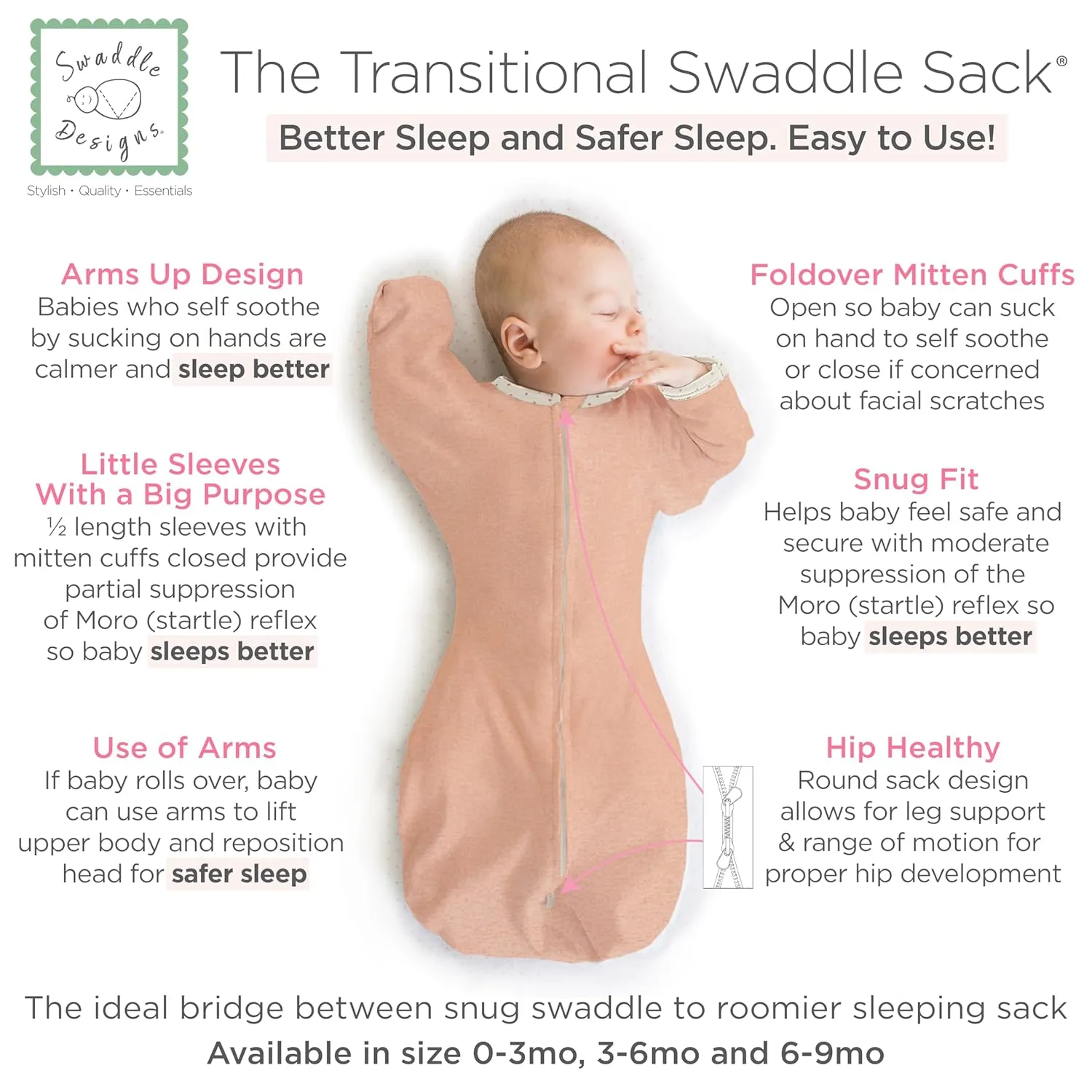 SwaddleDesigns Transitional Swaddle Sack, Arms Up Half-Length Sleeves & Mitten Cuffs, Swaddle for Newborn Transition to Baby Sleep Sack Wearable Blanket, 0-3 Month, 6-14 lb, Heathered Peach Blush