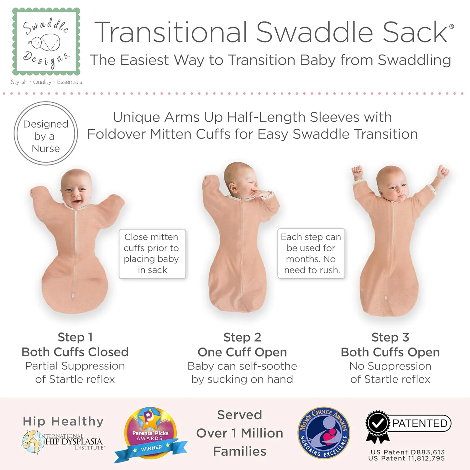 SwaddleDesigns Transitional Swaddle Sack, Arms Up Half-Length Sleeves & Mitten Cuffs, Swaddle for Newborn Transition to Baby Sleep Sack Wearable Blanket, 0-3 Month, 6-14 lb, Heathered Peach Blush