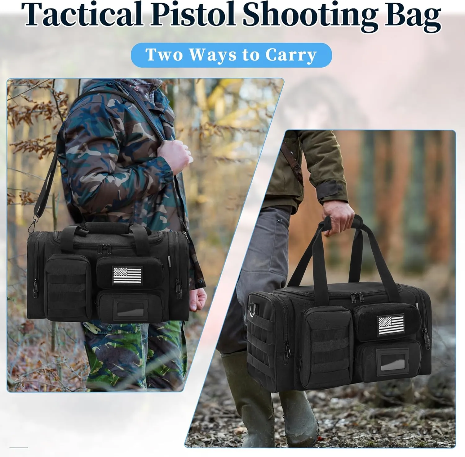 Tactical Pistol Range Bag, Gun Range Bag for Handguns, Shooting Duffle Range Pistol Bag with Compartments, Extra Pockets for Ammo and Essentials, Black