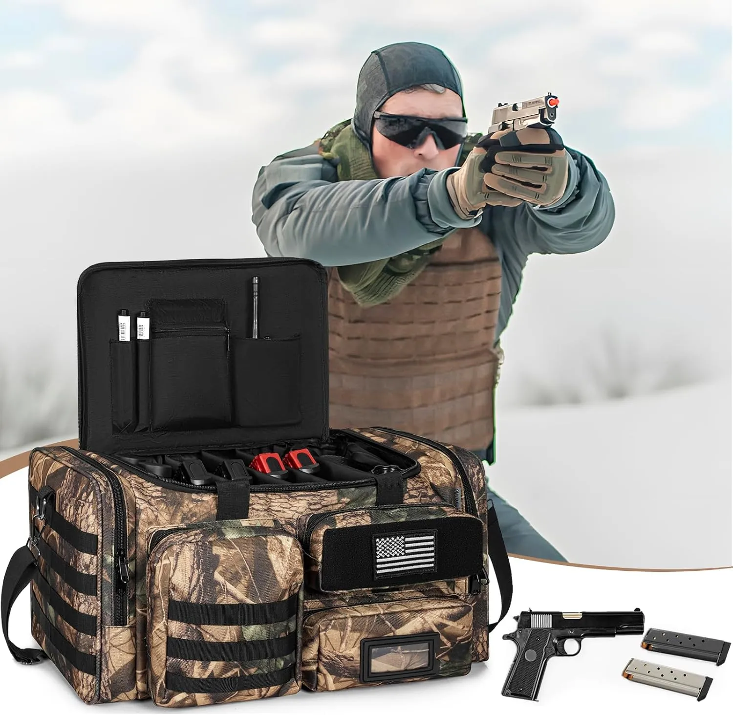 Tactical Pistol Range Bag, Gun Range Bag for Handguns, Shooting Duffle Range Pistol Bag with Compartments, Extra Pockets for Ammo and Essentials, Black