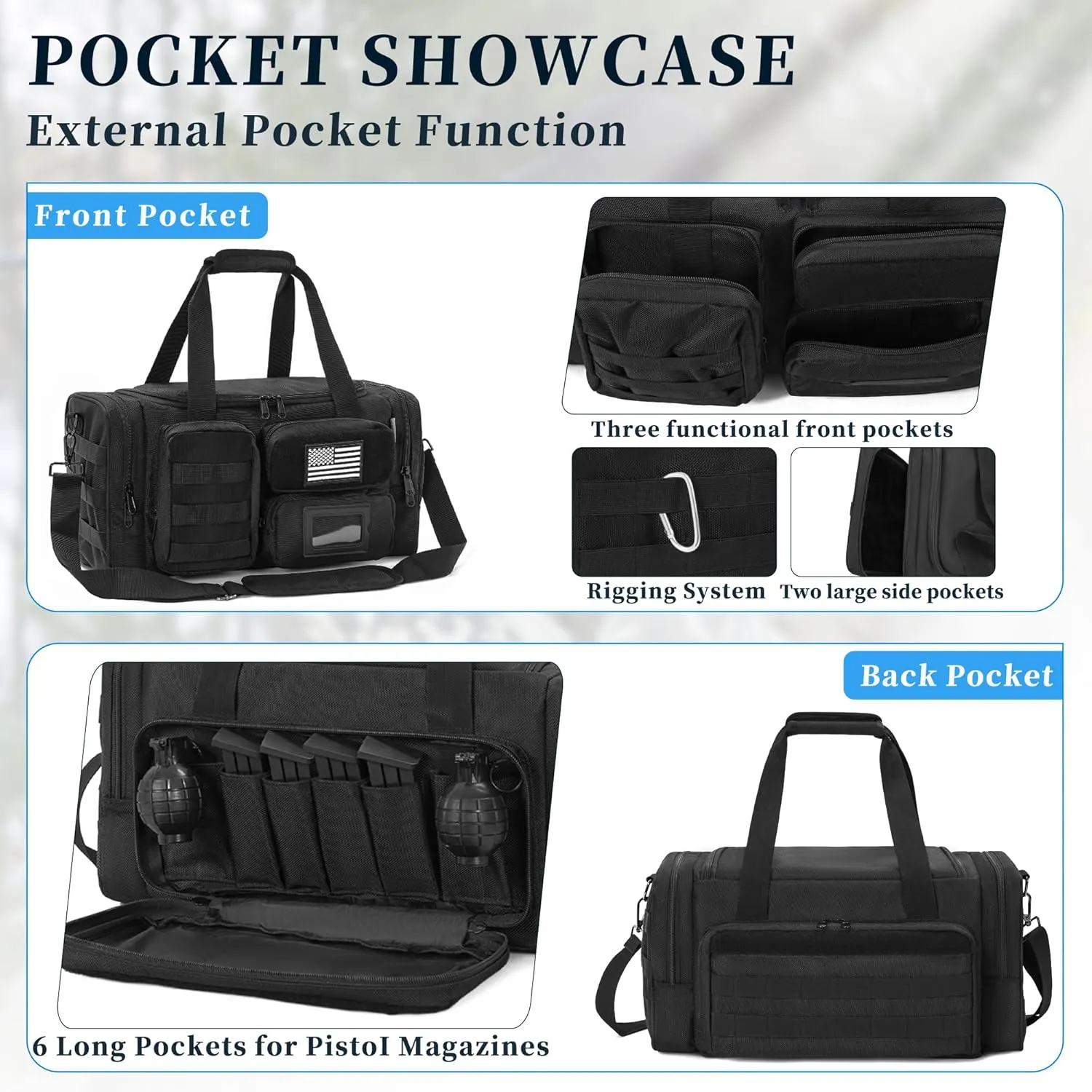 Tactical Pistol Range Bag, Gun Range Bag for Handguns, Shooting Duffle Range Pistol Bag with Compartments, Extra Pockets for Ammo and Essentials, Black