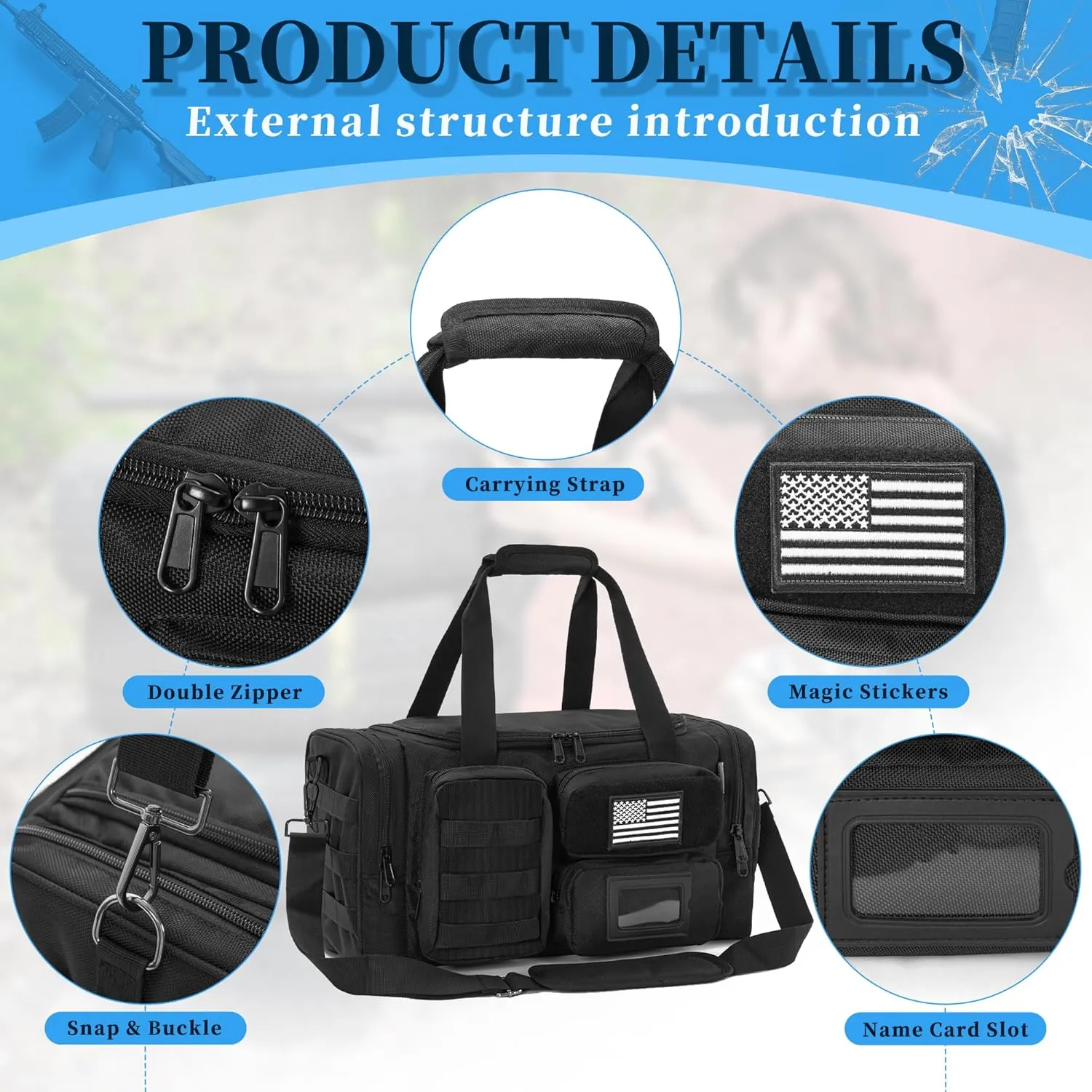 Tactical Pistol Range Bag, Gun Range Bag for Handguns, Shooting Duffle Range Pistol Bag with Compartments, Extra Pockets for Ammo and Essentials, Black