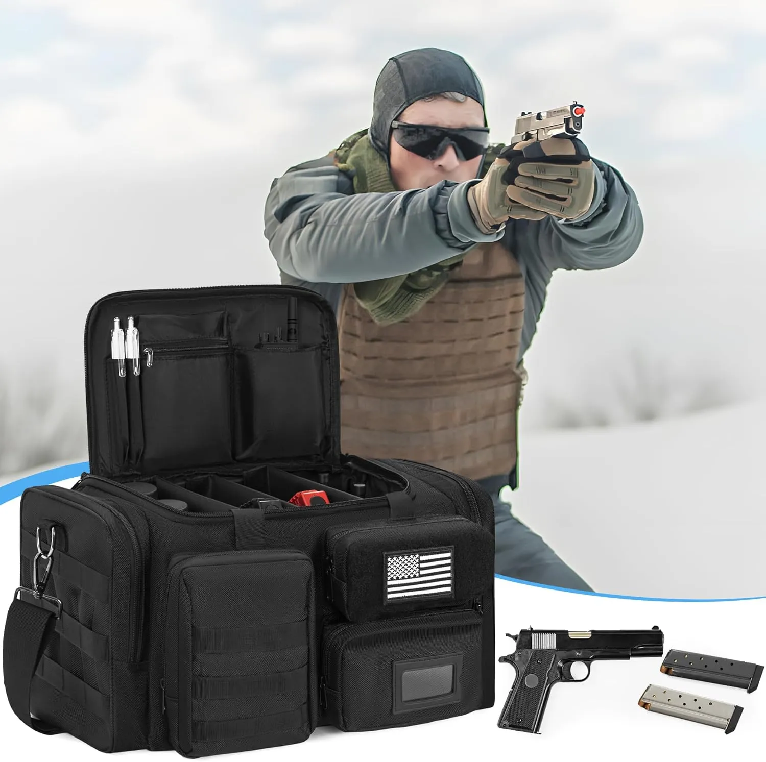 Tactical Pistol Range Bag, Gun Range Bag for Handguns, Shooting Duffle Range Pistol Bag with Compartments, Extra Pockets for Ammo and Essentials, Black