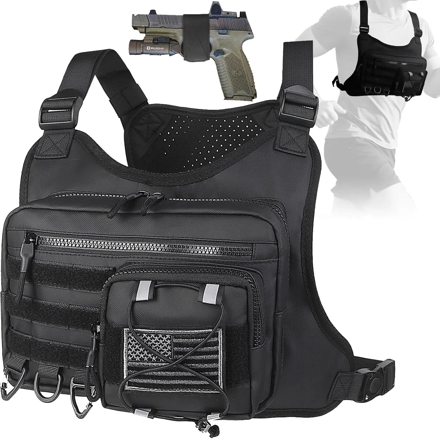 Tactical Vest for Men,Chest Rig with Pistol Holster,Adjustable Chest Bag for Men,Chest Pack for Running Fishing Cycling and Hunting