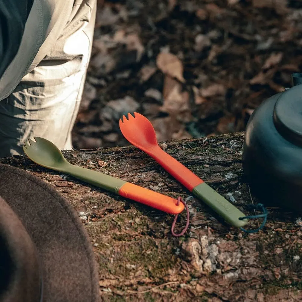Tapirus Spork Tactical 2-pack Orange/Green | BPA Free Spork, Stainless Steel Knife and Fire Starter | 3 in 1 multipurpose utensil | Hiking, camping & backpacking gear | Fit for MRE