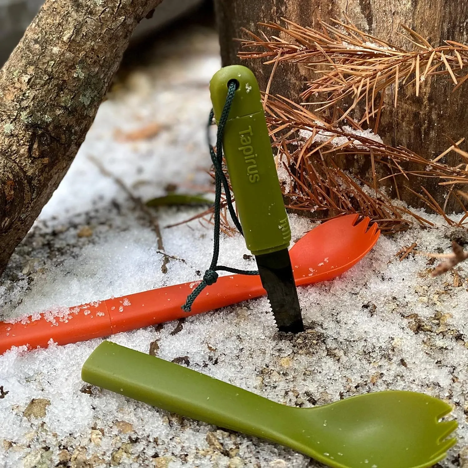Tapirus Spork Tactical 2-pack Orange/Green | BPA Free Spork, Stainless Steel Knife and Fire Starter | 3 in 1 multipurpose utensil | Hiking, camping & backpacking gear | Fit for MRE