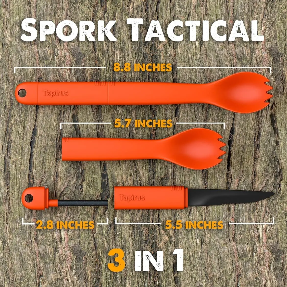 Tapirus Spork Tactical 2-pack Orange/Green | BPA Free Spork, Stainless Steel Knife and Fire Starter | 3 in 1 multipurpose utensil | Hiking, camping & backpacking gear | Fit for MRE