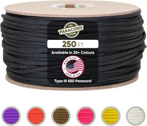 The Paracord Store 550 Type III Tactical Paracord -250 Ft Spool, Black - Heavy Duty Parachute Survival Cord for Active Outdoors, Camping, and Emergency - USA Made Utility Cord