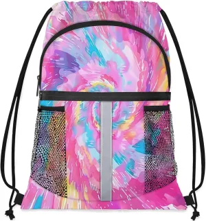 Tie Dye Drawstring Backpack String Bag, Waterproof Sports Gym Swim Sackpack with Mesh Pocket for Men Women