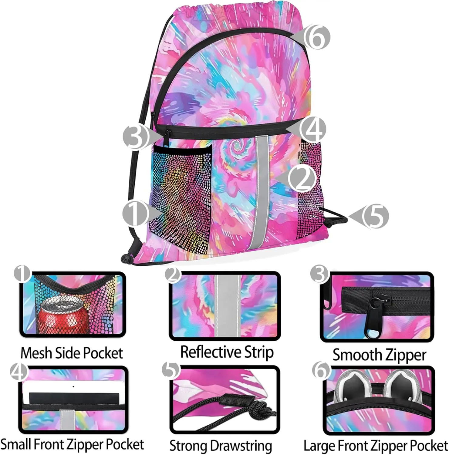 Tie Dye Drawstring Backpack String Bag, Waterproof Sports Gym Swim Sackpack with Mesh Pocket for Men Women