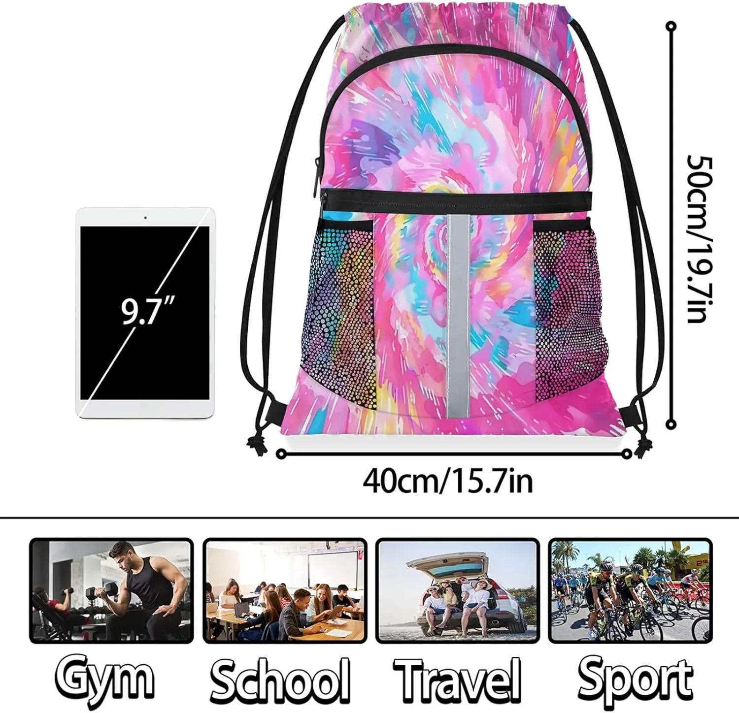 Tie Dye Drawstring Backpack String Bag, Waterproof Sports Gym Swim Sackpack with Mesh Pocket for Men Women