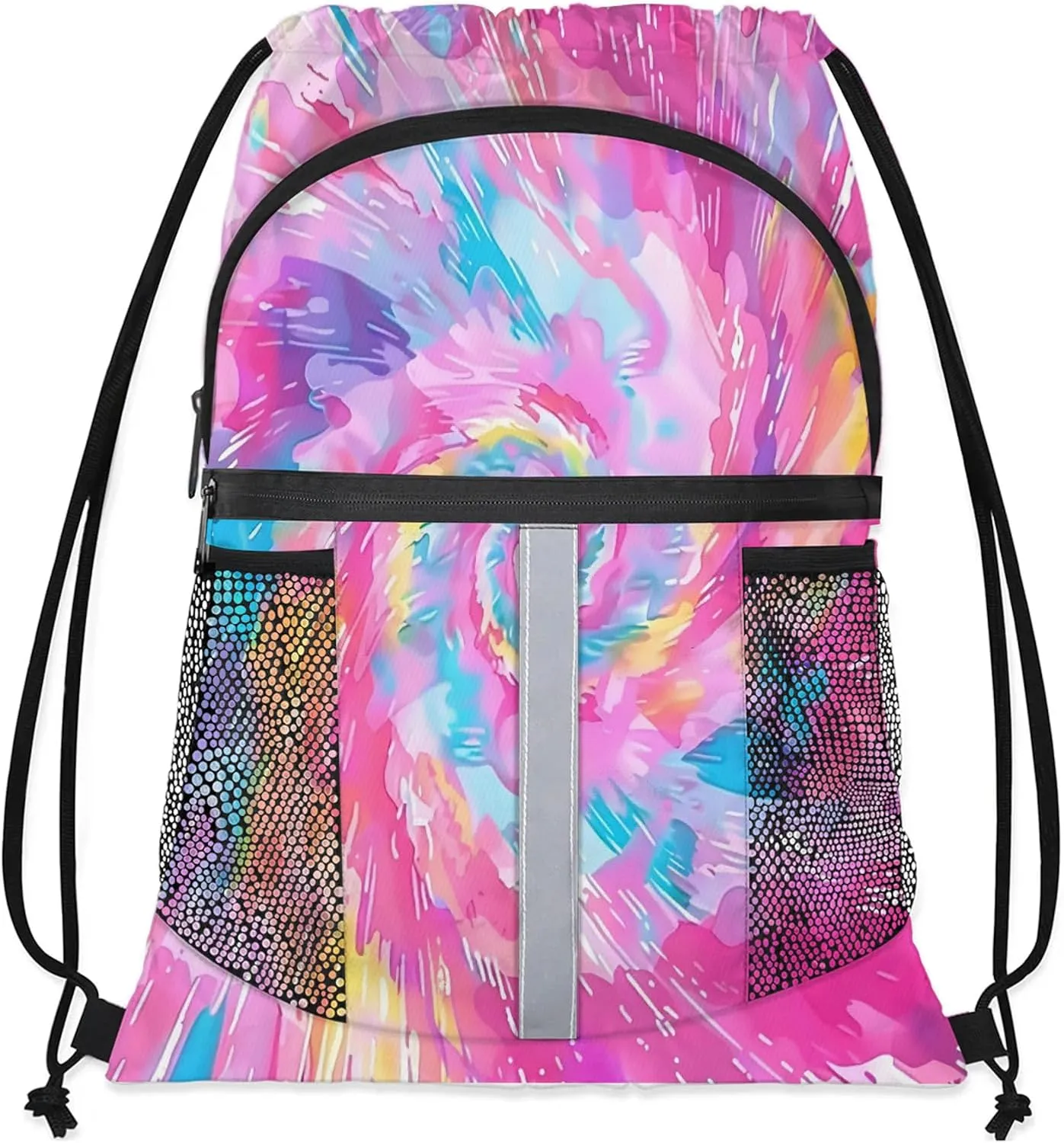Tie Dye Drawstring Backpack String Bag, Waterproof Sports Gym Swim Sackpack with Mesh Pocket for Men Women