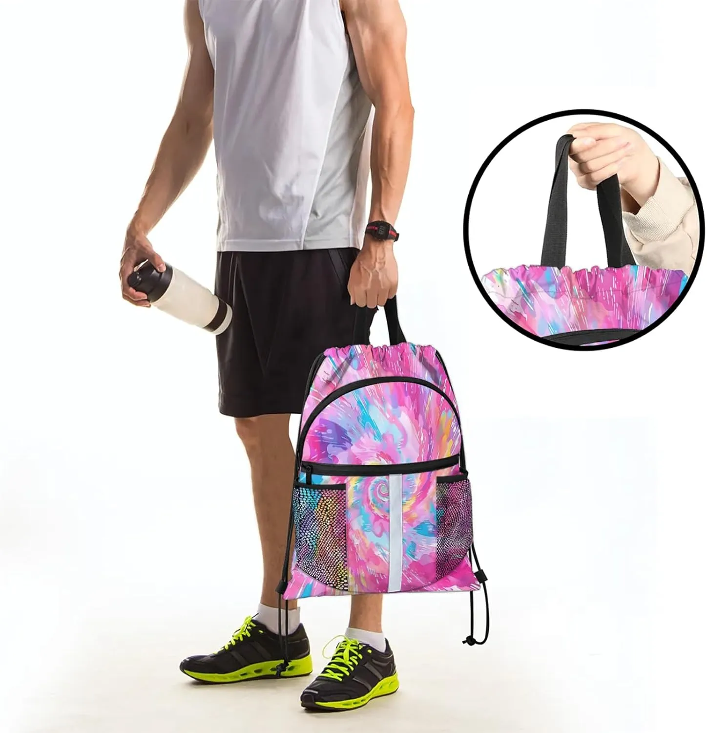 Tie Dye Drawstring Backpack String Bag, Waterproof Sports Gym Swim Sackpack with Mesh Pocket for Men Women