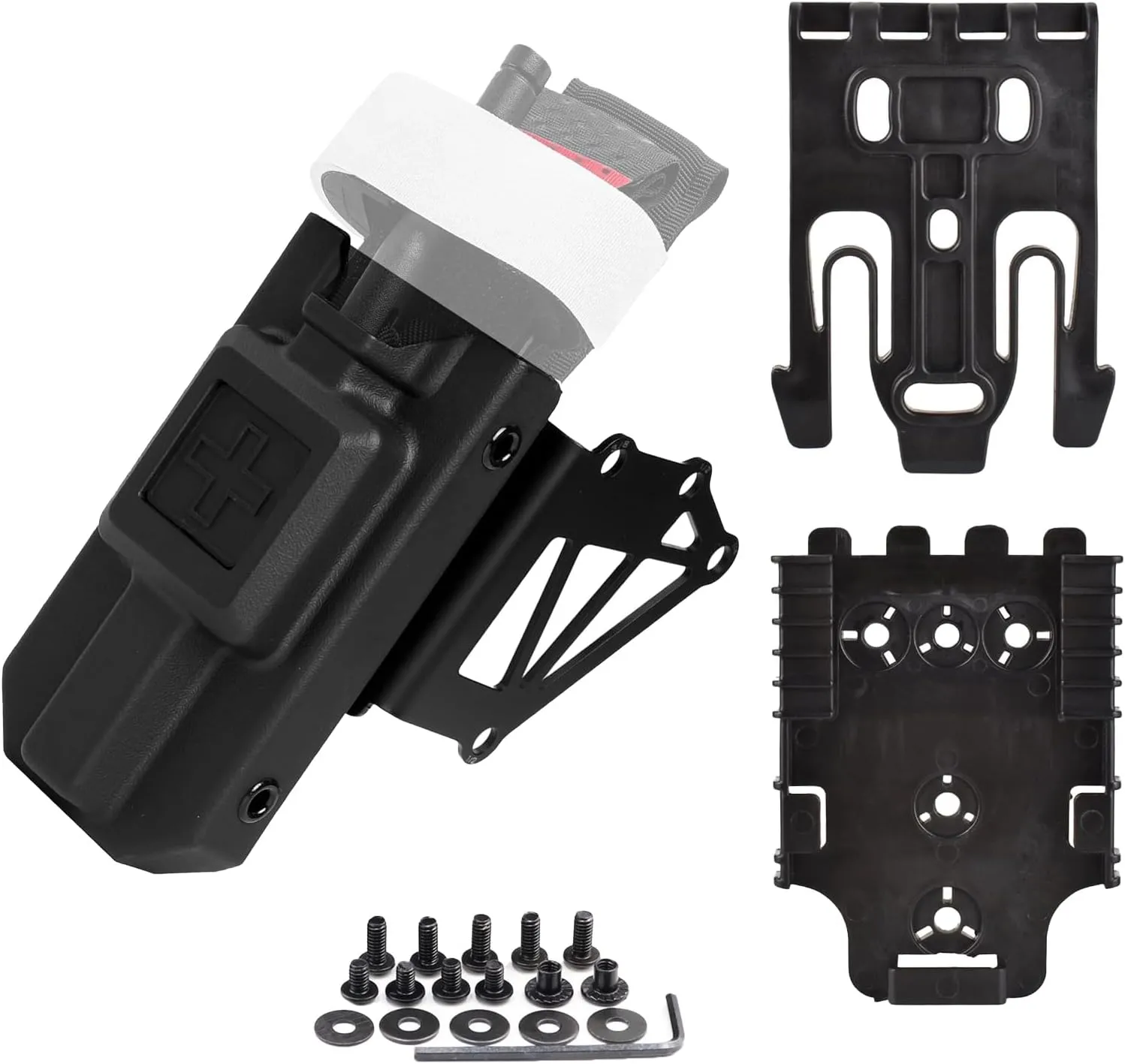 Tourniquet Holder for Gun Holster, Tactical Holster Adapter Tourniquet Holder Mount, Pistol Airsoft Support, Police Gear Accessories with QLS Kit for 3-Hole Right Holster, Black