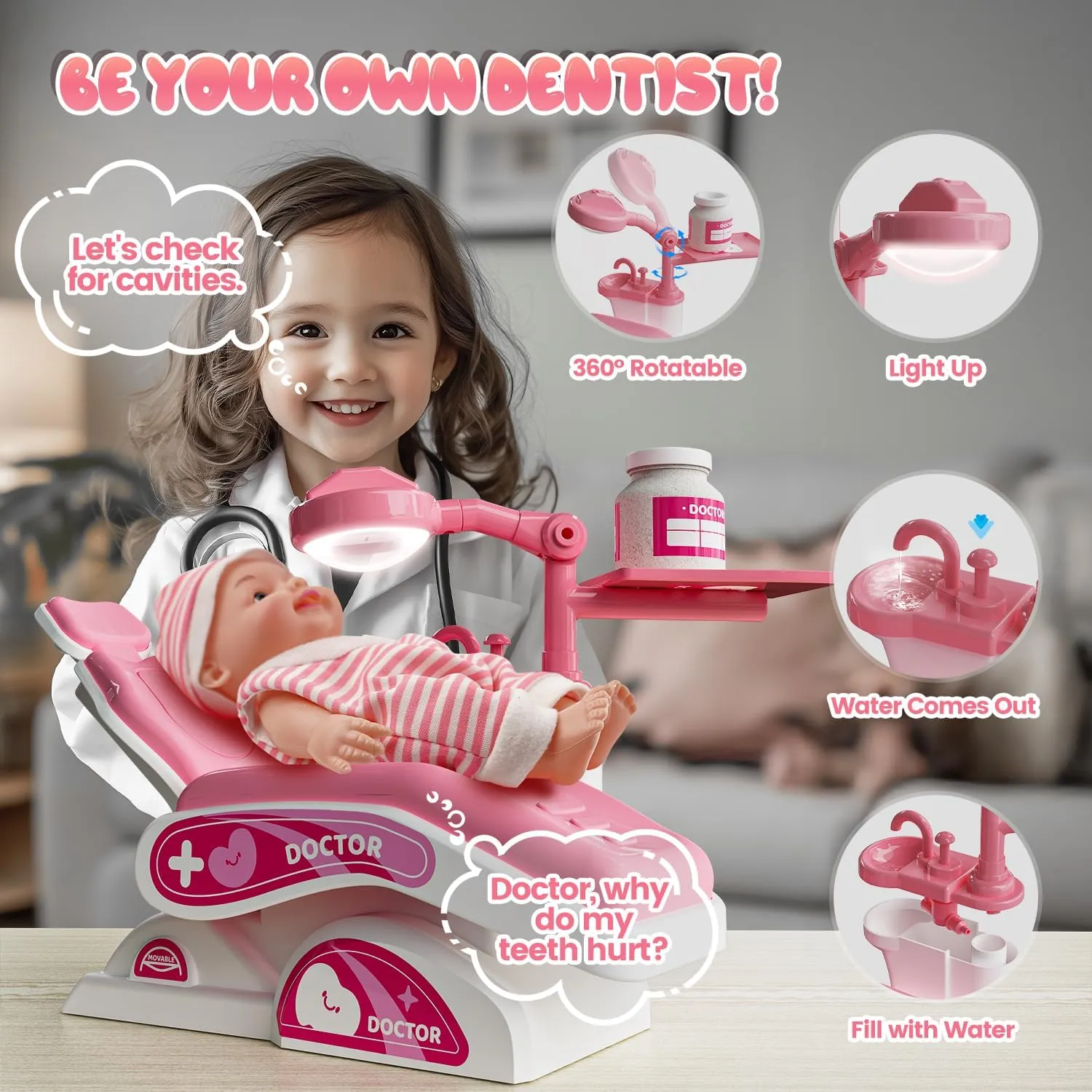 Toy Doctor Kit for Toddlers, Kids Dentist Play Set with Dentist Chair, Doll Toy, Stethoscope, Large Carrying Storage Bag, Dental Accessories, Pretend Doctor Play Medical Gift Kit for Girls(Pink