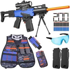 Toy Gun Automatic Sniper Rifle with Scope, Tactical Vest Kit, Toy Foam Blasters with 200 Soft Bullets, 2 Magazinine and Bipod, Electric Gun for Boys Age 8-12, Gifts for Birthday Christmas