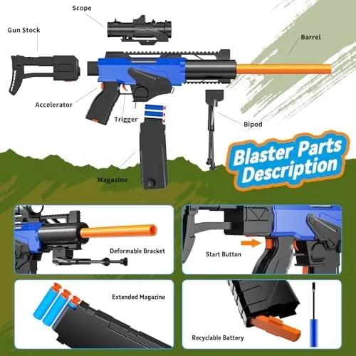 Toy Gun Automatic Sniper Rifle with Scope, Tactical Vest Kit, Toy Foam Blasters with 200 Soft Bullets, 2 Magazinine and Bipod, Electric Gun for Boys Age 8-12, Gifts for Birthday Christmas