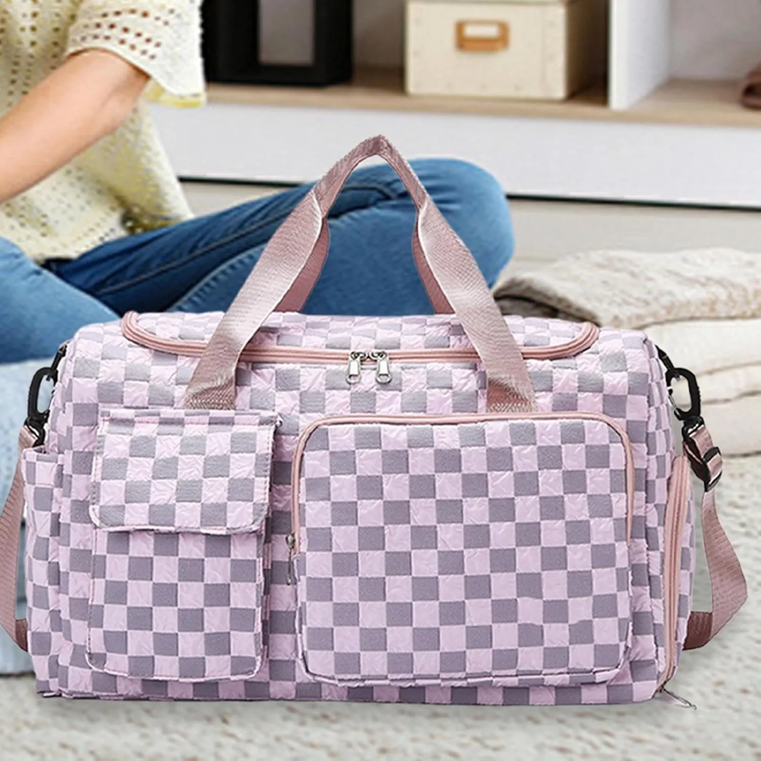 Travel Bag - Large Storage Duffle Pack,Waterproof Plaid Travel Bag with Shoe Compartment for Camping Swimming Beach Swim Pool Sports Gym