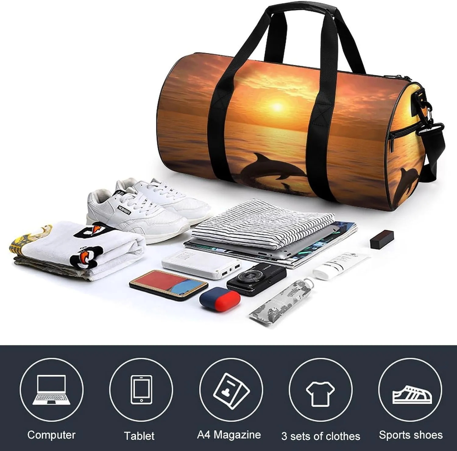 Travel Duffel Bag for Men And Women,Dolphin And Sunset Waterproof Sports Fitness Bag Portable Travel Duffel Bag