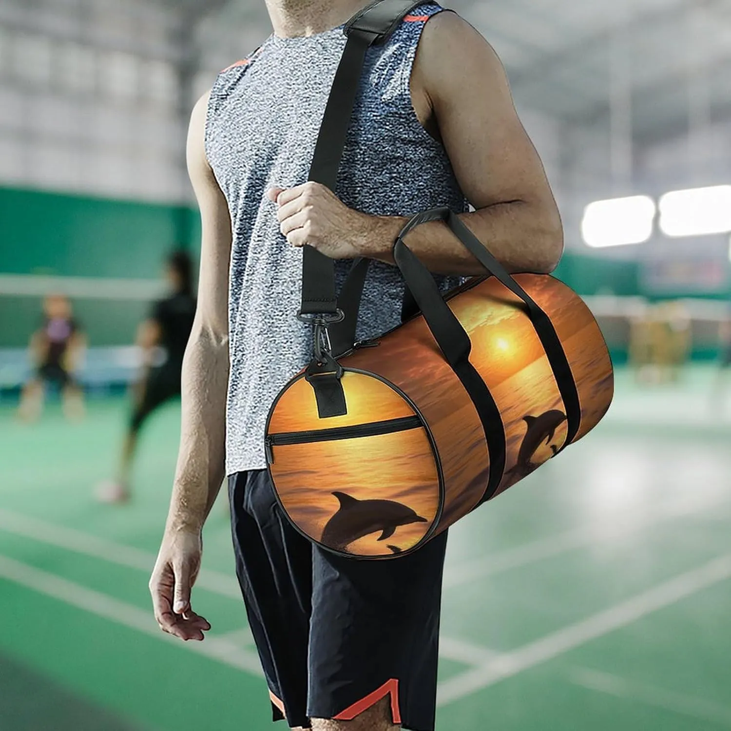 Travel Duffel Bag for Men And Women,Dolphin And Sunset Waterproof Sports Fitness Bag Portable Travel Duffel Bag
