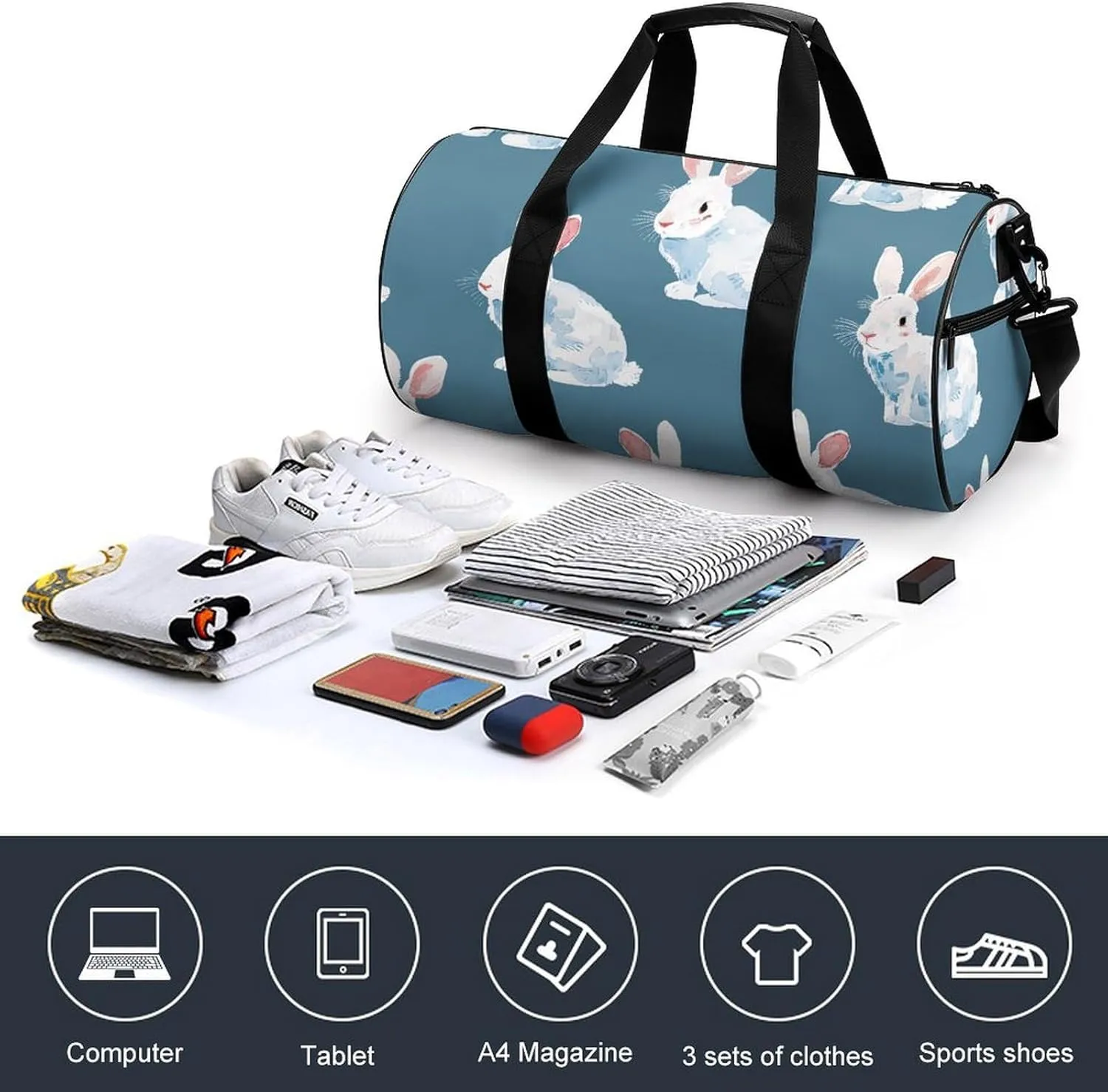 Travel Duffel Bag for Men And Women,Rabbit with Red Ears Waterproof Sports Fitness Bag Portable Travel Duffel Bag