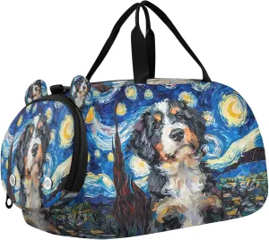 Travel Duffle Bag for Kids Boys Girls Bernedoodle Dog Starry Night Sports Bag Overnighter Duffle Sleepover Weekender with Shoes Compartment