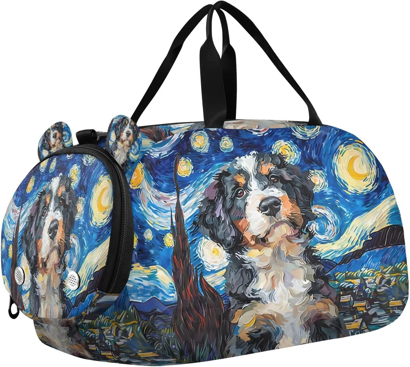 Travel Duffle Bag for Kids Boys Girls Bernedoodle Dog Starry Night Sports Bag Overnighter Duffle Sleepover Weekender with Shoes Compartment