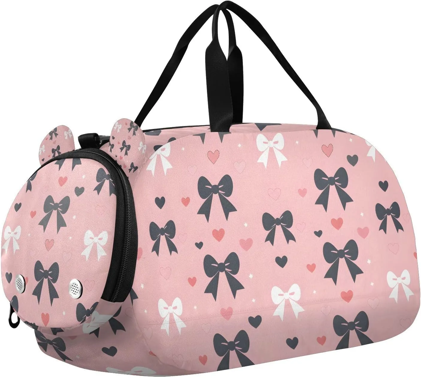 Travel Duffle Bag for Kids Boys Girls Black Bow Pink Heart Sports Bag Overnighter Duffle Sleepover Weekender with Shoes Compartment