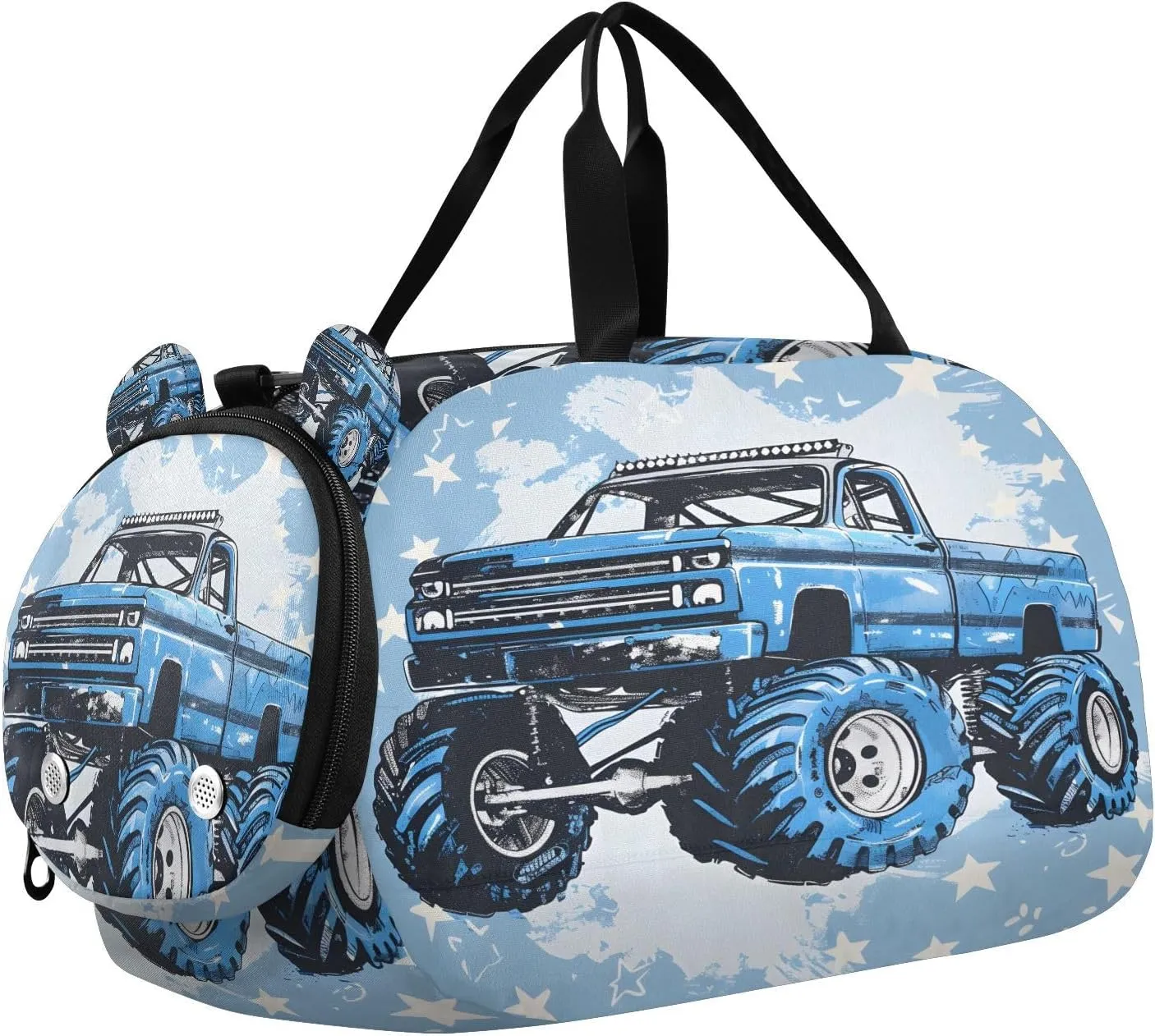 Travel Duffle Bag for Kids Boys Girls Blue Monster Truck Racing Sports Bag Overnighter Duffle Sleepover Weekender with Shoes Compartment
