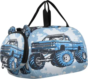 Travel Duffle Bag for Kids Boys Girls Blue Monster Truck Racing Sports Bag Overnighter Duffle Sleepover Weekender with Shoes Compartment