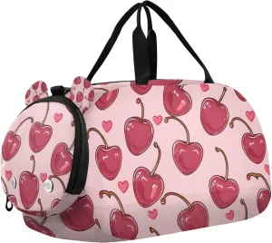 Travel Duffle Bag for Kids Boys Girls Cherries Hearts Pink Sports Bag Overnighter Duffle Sleepover Weekender with Shoes Compartment
