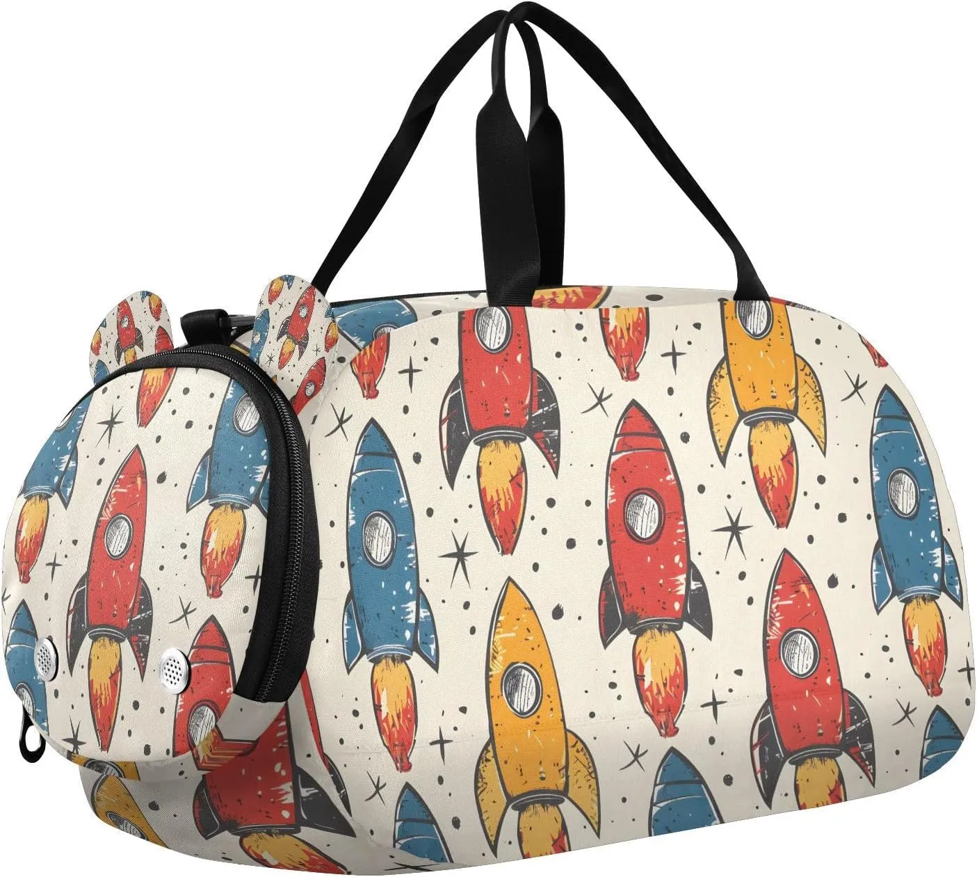 Travel Duffle Bag for Kids Boys Girls Childish Rocket Color Doodle Sports Bag Overnighter Duffle Sleepover Weekender with Shoes Compartment