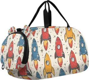 Travel Duffle Bag for Kids Boys Girls Childish Rocket Color Doodle Sports Bag Overnighter Duffle Sleepover Weekender with Shoes Compartment