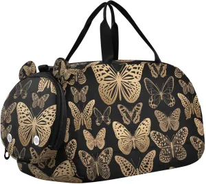 Travel Duffle Bag for Kids Boys Girls Fluttering Golden Butterflies on Black Sports Bag Overnighter Duffle Sleepover Weekender with Shoes Compartment