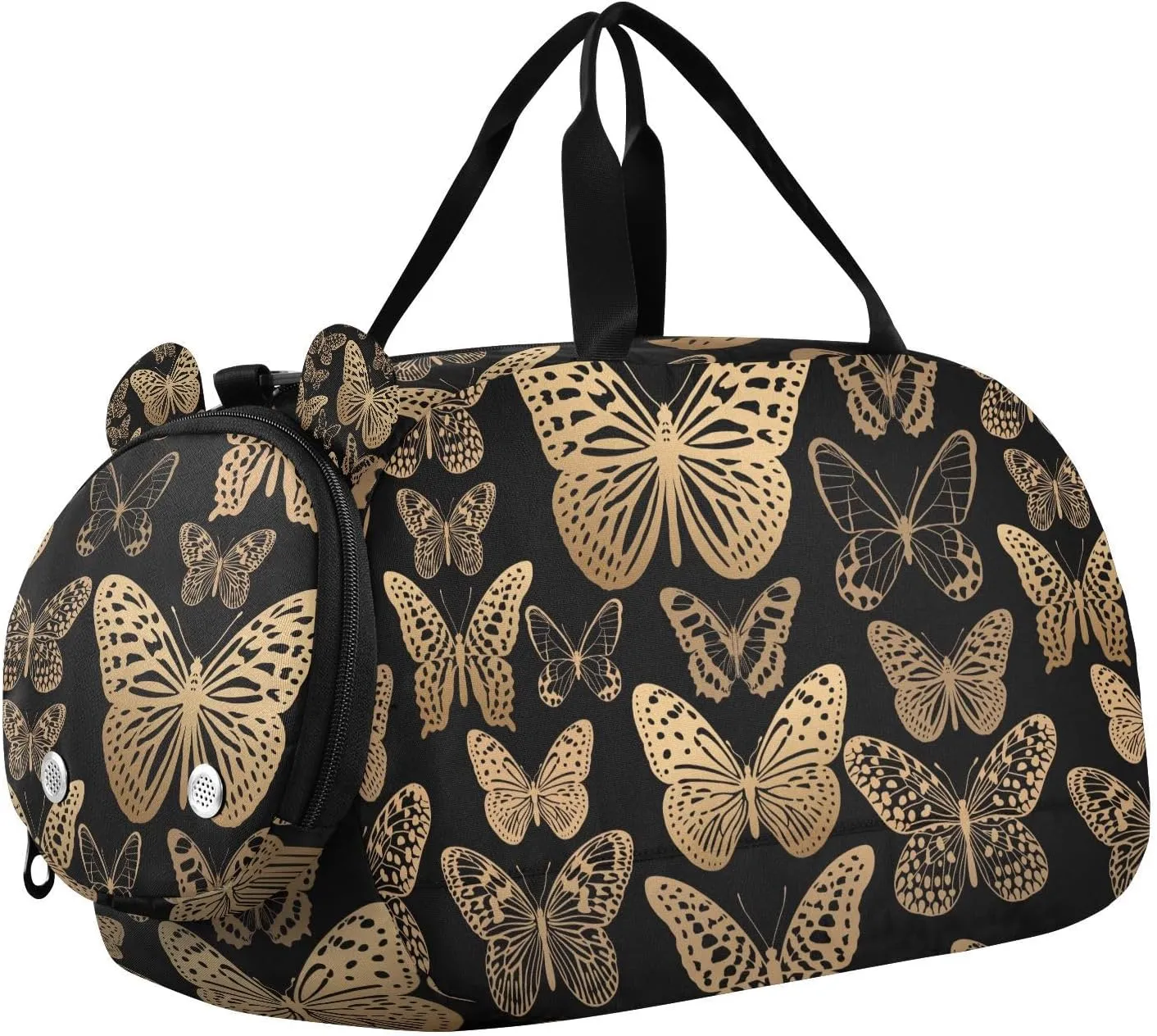 Travel Duffle Bag for Kids Boys Girls Fluttering Golden Butterflies on Black Sports Bag Overnighter Duffle Sleepover Weekender with Shoes Compartment